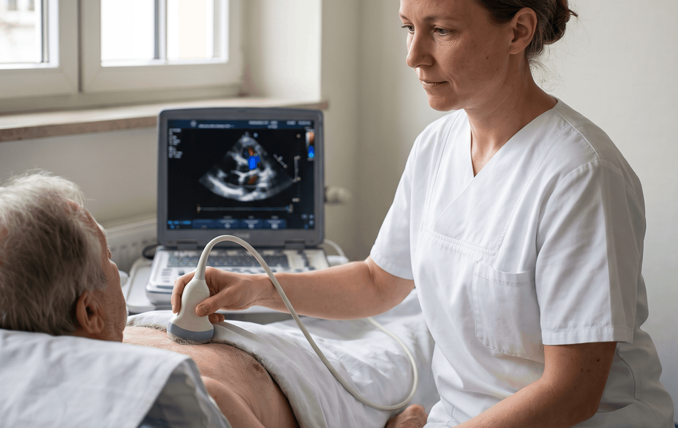 Medizinische Fachkraft in weißer Arbeitskleidung führt bei einem liegenden älteren Patienten eine Ultraschalluntersuchung des Herzens durch. Auf dem Monitor des Ultraschallgeräts ist eine farbige Doppleraufnahme des Herzens zu sehen.