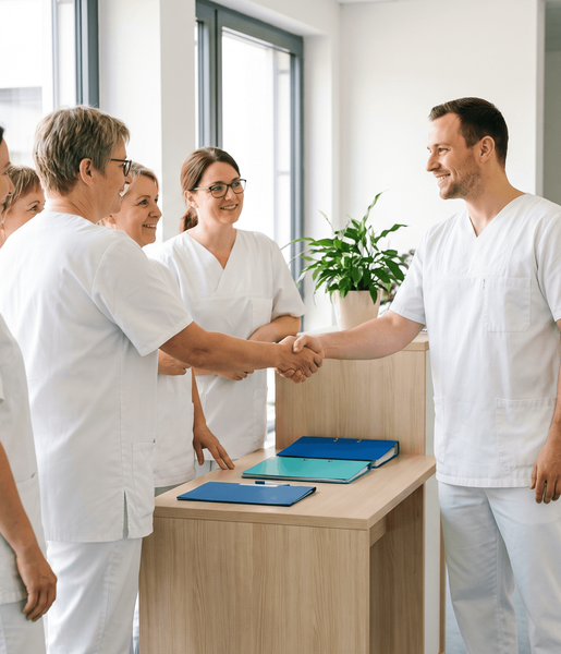 Mehrere medizinische Fachkräfte in weißer Arbeitskleidung begrüßen einen Kollegen per Handschlag in einem hellen Krankenhausbereich. Die Gruppe steht an einem Empfangstresen und unterhält sich. Die Szene zeigt die kollegiale Zusammenarbeit im Klinikalltag