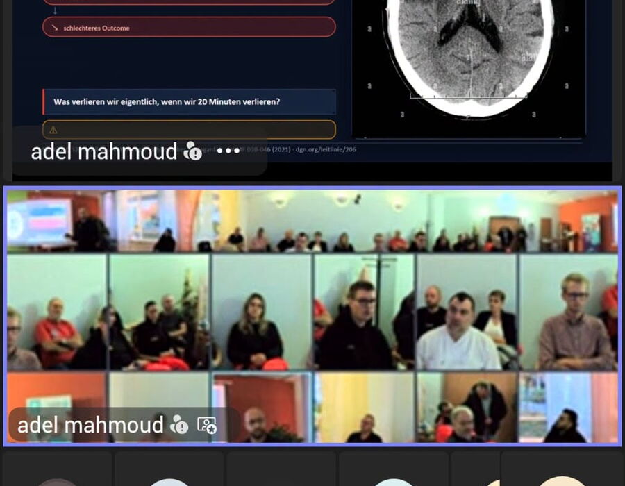 Teilnehmende im Online-Stream der Medinos-Fachfortbildung zur Schlaganfallerkennung für Rettungsdienst und Neurologie.