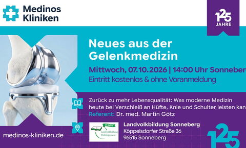 Veranstaltungsplakat zum Vortrag „Neues aus der Gelenkmedizin“ mit Dr. med. Martin Götz am 7. Oktober 2026 um 14:00 Uhr bei der Landvolkbildung Sonneberg.