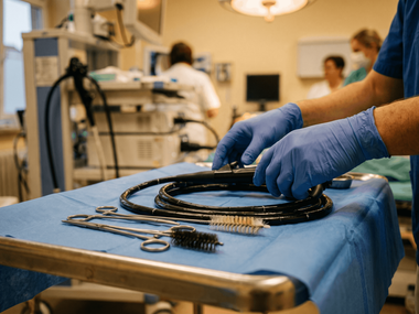 Medizinische Fachkraft mit blauen Schutzhandschuhen handhabt ein flexibles Endoskop auf einem abgedeckten Instrumententisch. Daneben liegen medizinische Instrumente und Reinigungsbürsten.
