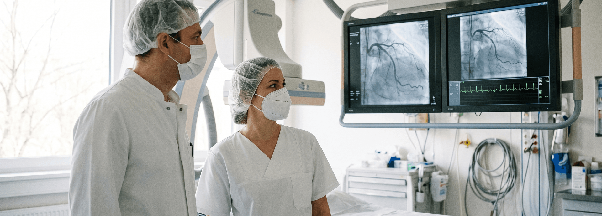 KI-generierte Darstellung von zwei medizinischen Fachkräften im Herzkatheterlabor mit Monitoren zur Darstellung der Herzkranzgefäße bei einer Koronarangiographie.