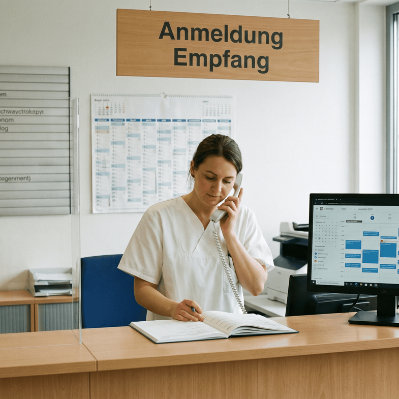 Medizinische Fachkraft in weißer Arbeitskleidung führt ein Telefongespräch am Empfangstresen und macht sich Notizen in einem Terminbuch. Neben ihr steht ein Computer mit digitaler Terminübersicht. Im Hintergrund ist die Beschilderung „Anmeldung Empfang“ z