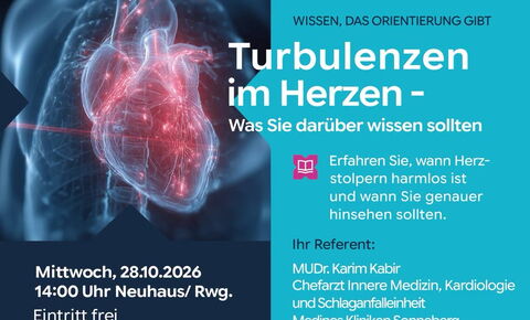 Veranstaltungsplakat zum Medinos-Vortrag über Herzstolpern mit MUDr. Karim Kabir am 28. Oktober 2026 im Bürgerhaus Neuhaus am Rennweg.