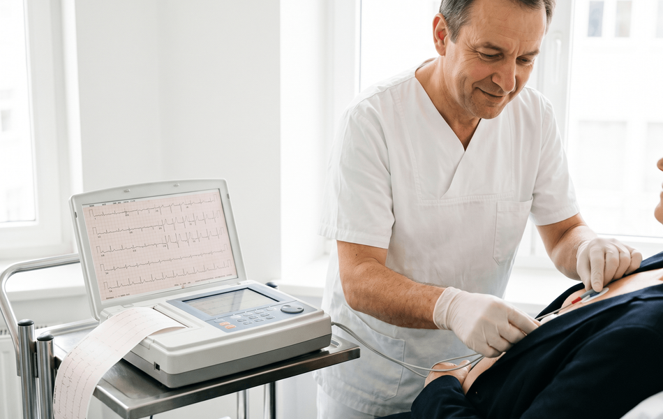 Medizinische Fachkraft in weißer Arbeitskleidung und Einmalhandschuhen bringt EKG-Elektroden am Brustkorb eines liegenden Patienten an. Daneben steht ein EKG-Gerät mit aufgezeichneten Herzstromkurven.