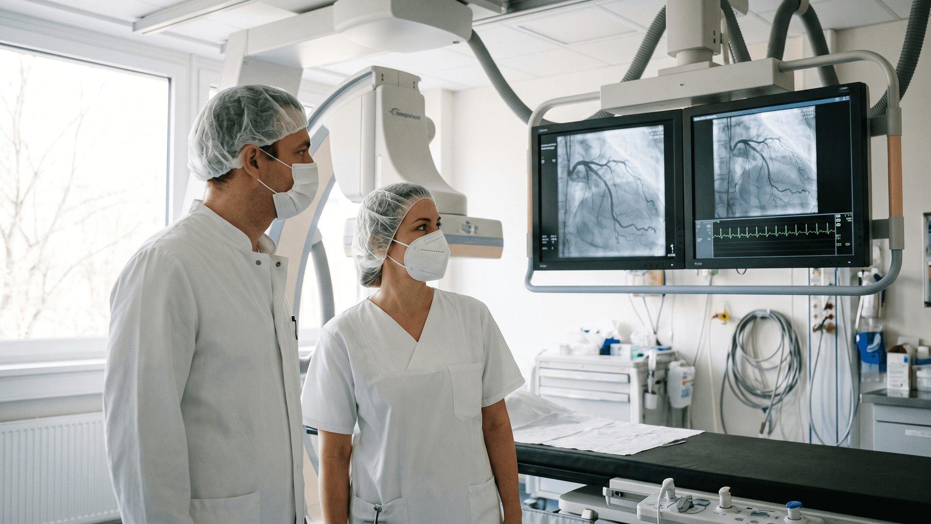 KI-generierte Darstellung von zwei medizinischen Fachkräften im Herzkatheterlabor mit Monitoren zur Darstellung der Herzkranzgefäße bei einer Koronarangiographie.