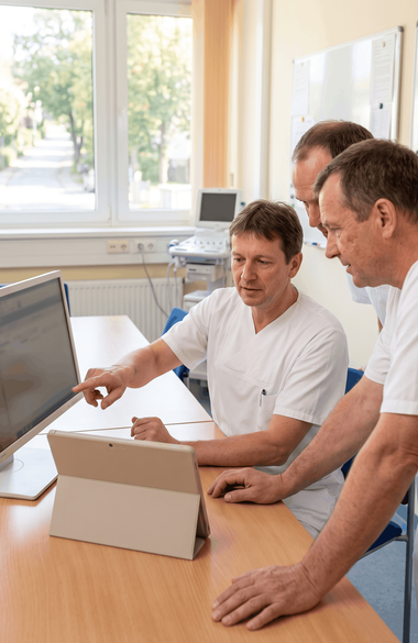 Drei medizinische Fachkräfte in weißer Dienstkleidung besprechen gemeinsam Informationen auf einem Computerbildschirm und einem Tablet in einem medizinischen Besprechungsraum.