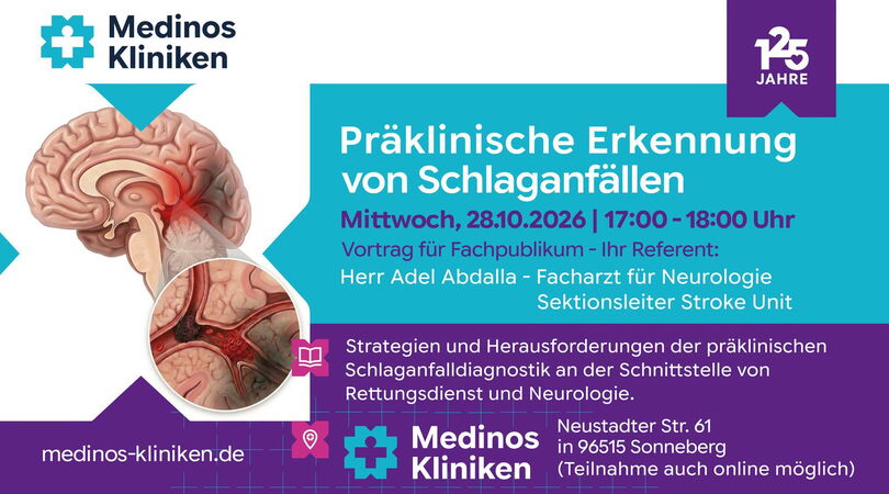 Veranstaltungsplakat zum Medinos-Fachvortrag über präklinische Schlaganfallerkennung mit Adel Mahmoud Abdalla am 28. Oktober 2026 im Klinikum Sonneberg