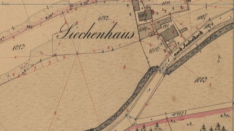Historisches Katasterblatt mit dem Siechenhaus bei Hüttensteinach und Judenbach, einer frühen Fürsorgeeinrichtung der Region Sonneberg.
