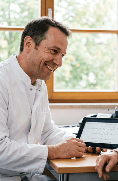 Arzt in weißem Kittel erläutert einer älteren Patientin die Ergebnisse einer Herzuntersuchung auf einem Tablet mit EKG-Kurven. Beide sitzen sich in einem hellen Sprechzimmer gegenüber.