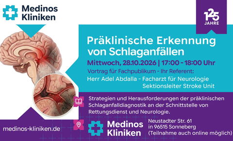 Veranstaltungsplakat zum Medinos-Fachvortrag über präklinische Schlaganfallerkennung mit Adel Mahmoud Abdalla am 28. Oktober 2026 im Klinikum Sonneberg