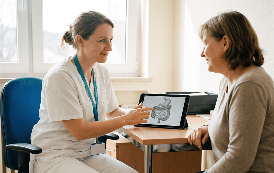 Medizinische Fachkraft erläutert einer Patientin während eines Beratungsgesprächs eine anatomische Darstellung des Verdauungstrakts auf einem Tablet.