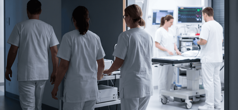 Drei medizinische Fachkräfte in weißer Dienstkleidung schieben eine Patientenliege durch einen Krankenhausflur in Richtung eines medizinischen Untersuchungsraums.