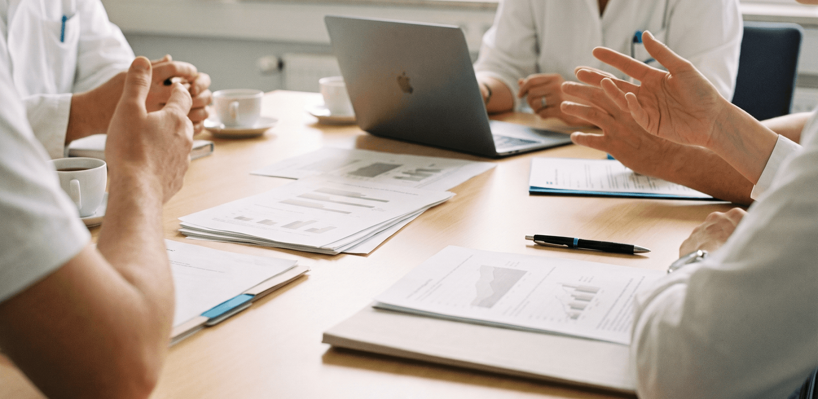 Nahaufnahme einer Besprechung zwischen mehreren Personen in weißer Arbeitskleidung. Auf dem Konferenztisch liegen Unterlagen mit Diagrammen, Notizen und Stifte. Ein Laptop steht geöffnet in der Mitte, während die Teilnehmenden miteinander diskutieren.