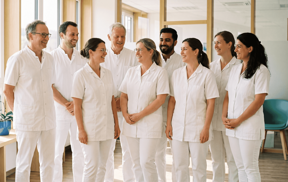 Symbolbild eines medizinischen Teams mit Ärztinnen, Ärzten und Pflegekräften für das Medinos Klinikum Sonneberg.