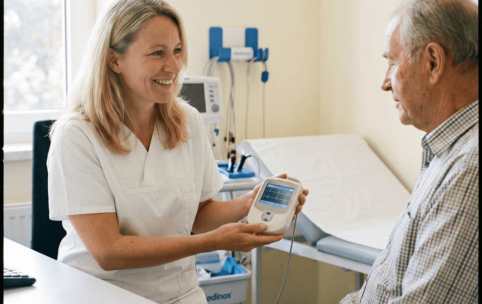 Medizinische Fachkraft in weißer Arbeitskleidung erläutert einem älteren Patienten ein medizinisches Kontrollgerät. Beide sitzen in einem hellen Untersuchungszimmer mit einer Behandlungsliege im Hintergrund.