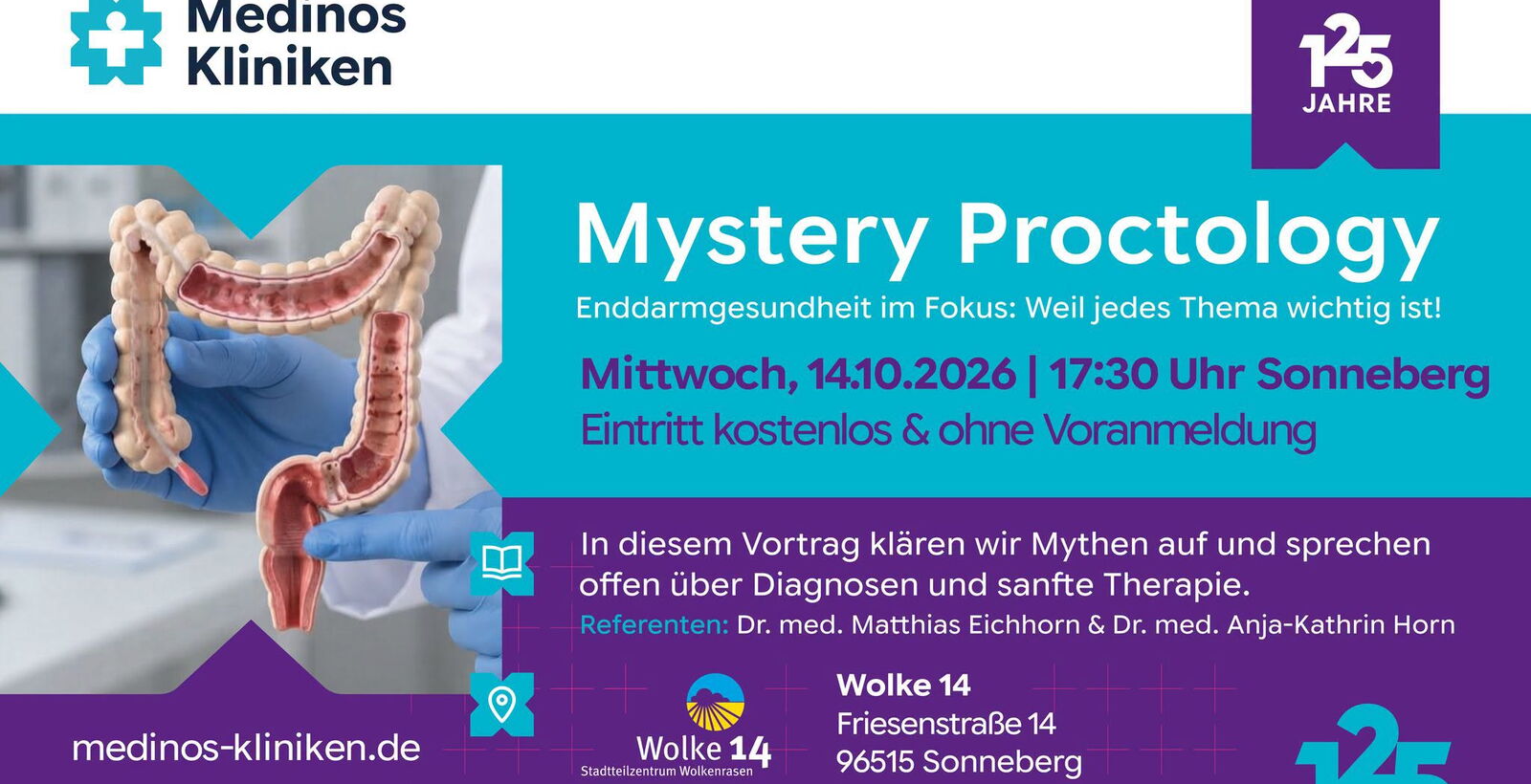 Veranstaltungsplakat zum Vortrag „Mystery Proctology“ mit Dr. med. Matthias Eichhorn und Dr. med. Anja-Kathrin Horn am 14. Oktober 2026 um 17:30 Uhr in der Wolke 14 in Sonneberg.