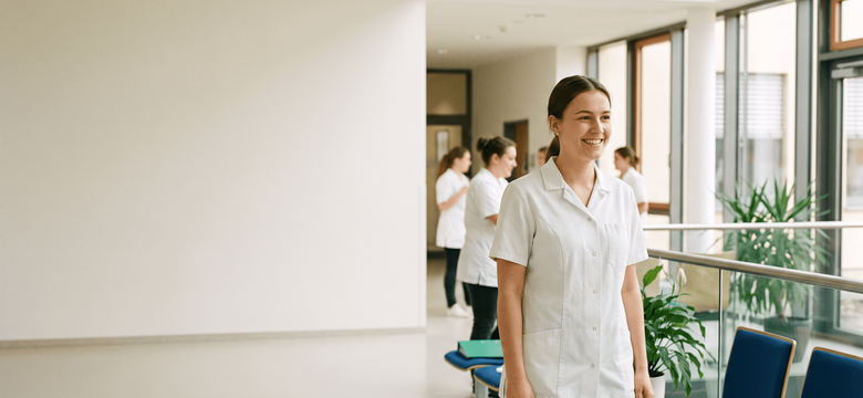 Junge Frau in weißer medizinischer Dienstkleidung steht lächelnd in einem hellen Krankenhausflur mit großen Fenstern und Sitzgelegenheiten.