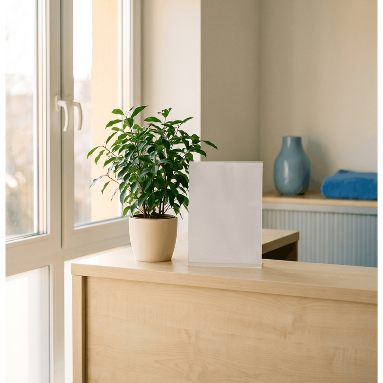Heller Praxisbereich mit einem Empfangstresen aus hellem Holz neben einer großen Fensterfront. Auf dem Tresen stehen eine grüne Zimmerpflanze und ein weißer Aufsteller. Im Hintergrund sind eine blaue Vase und weitere Einrichtungsgegenstände zu sehen.