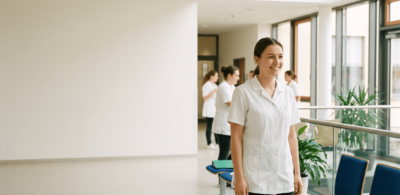 Junge Frau in weißer medizinischer Dienstkleidung steht lächelnd in einem hellen Krankenhausflur mit großen Fenstern und Sitzgelegenheiten.