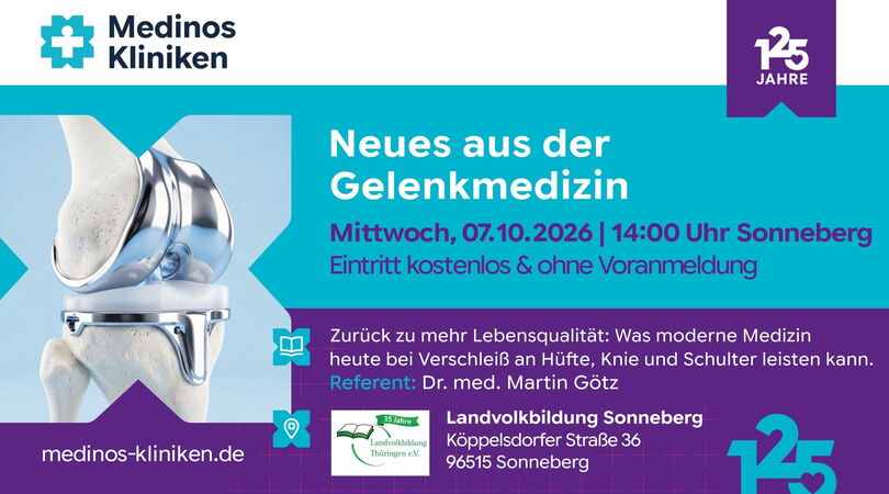 Veranstaltungsplakat zum Vortrag „Neues aus der Gelenkmedizin“ mit Dr. med. Martin Götz am 7. Oktober 2026 um 14:00 Uhr bei der Landvolkbildung Sonneberg.