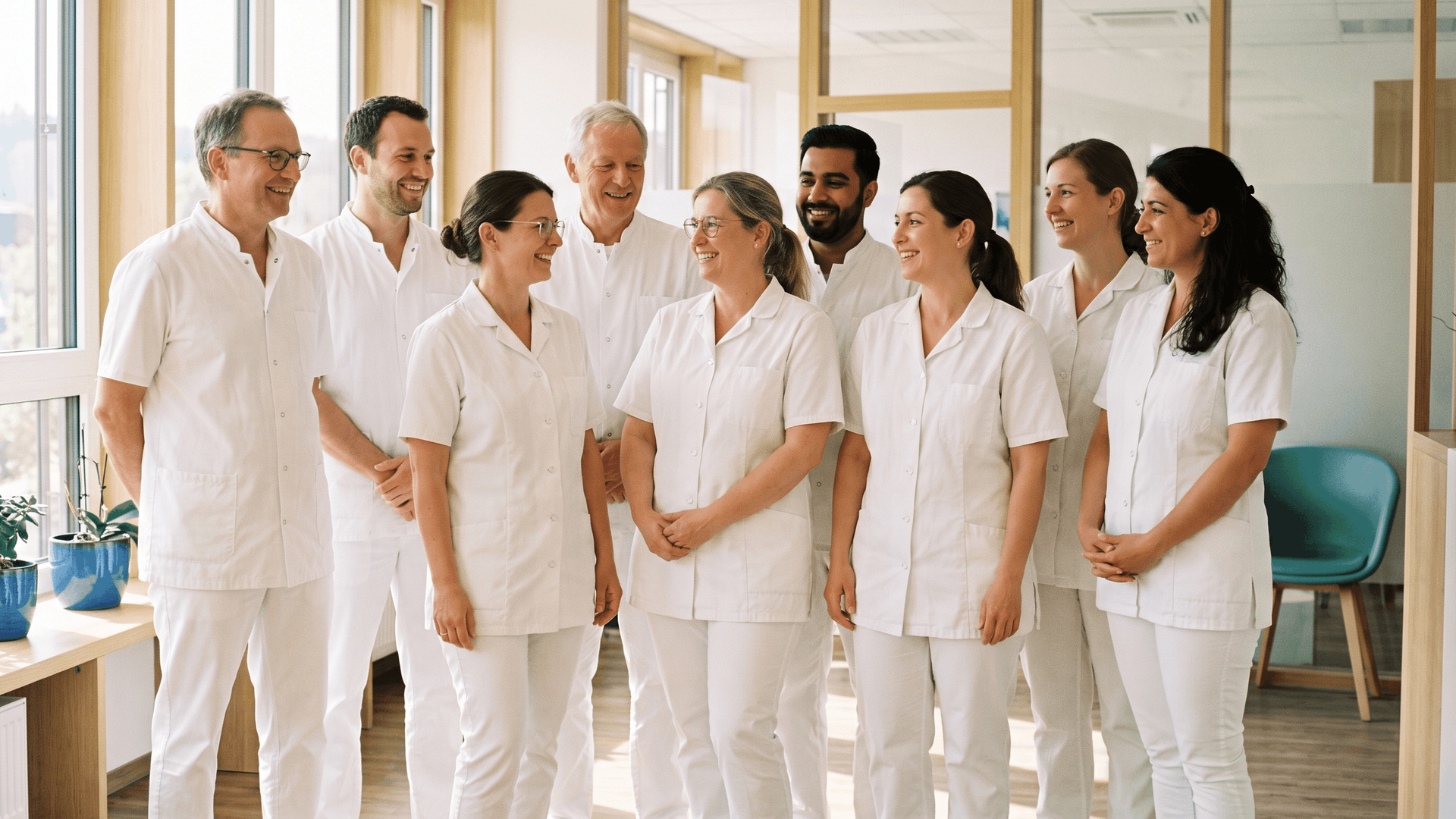 Symbolbild eines medizinischen Teams mit Ärztinnen, Ärzten und Pflegekräften für das Medinos Klinikum Sonneberg.