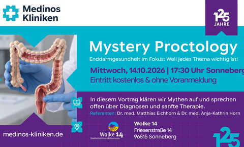 Veranstaltungsplakat zum Vortrag „Mystery Proctology“ mit Dr. med. Matthias Eichhorn und Dr. med. Anja-Kathrin Horn am 14. Oktober 2026 um 17:30 Uhr in der Wolke 14 in Sonneberg.