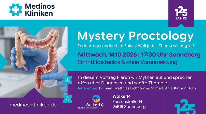 Veranstaltungsplakat zum Vortrag „Mystery Proctology“ mit Dr. med. Matthias Eichhorn und Dr. med. Anja-Kathrin Horn am 14. Oktober 2026 um 17:30 Uhr in der Wolke 14 in Sonneberg.