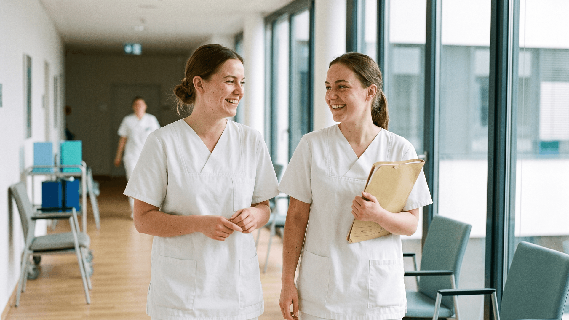 Zwei junge Frauen in weißer Pflegekleidung gehen lächelnd durch einen hellen Krankenhausflur. Eine von ihnen trägt ein Klemmbrett mit Unterlagen.