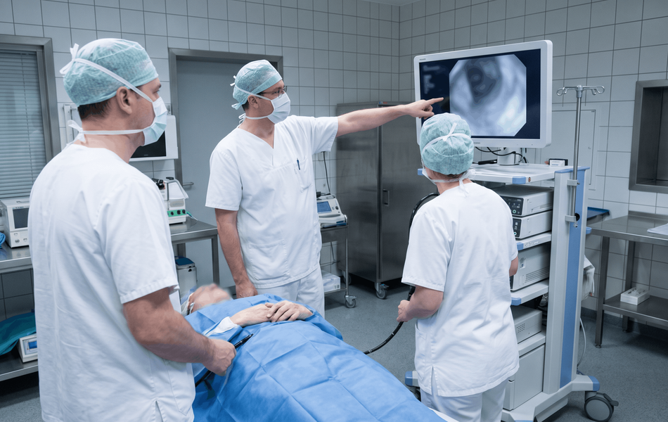 Drei medizinische Fachkräfte in Schutzkleidung betrachten bei einer endoskopischen Untersuchung eine Aufnahme auf dem Monitor. Eine Person liegt auf der Untersuchungsliege.