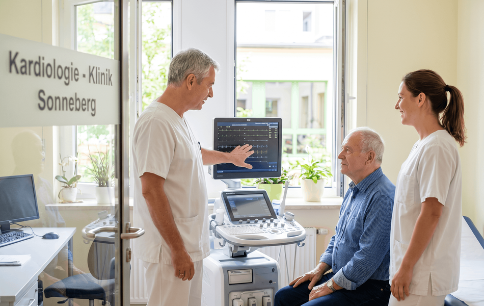 Arzt und medizinische Fachkraft in weißer Arbeitskleidung besprechen mit einem älteren Patienten die Ergebnisse einer Herzuntersuchung. Der Arzt zeigt auf einen Monitor mit EKG-Kurven. Im Hintergrund steht ein Ultraschallgerät.