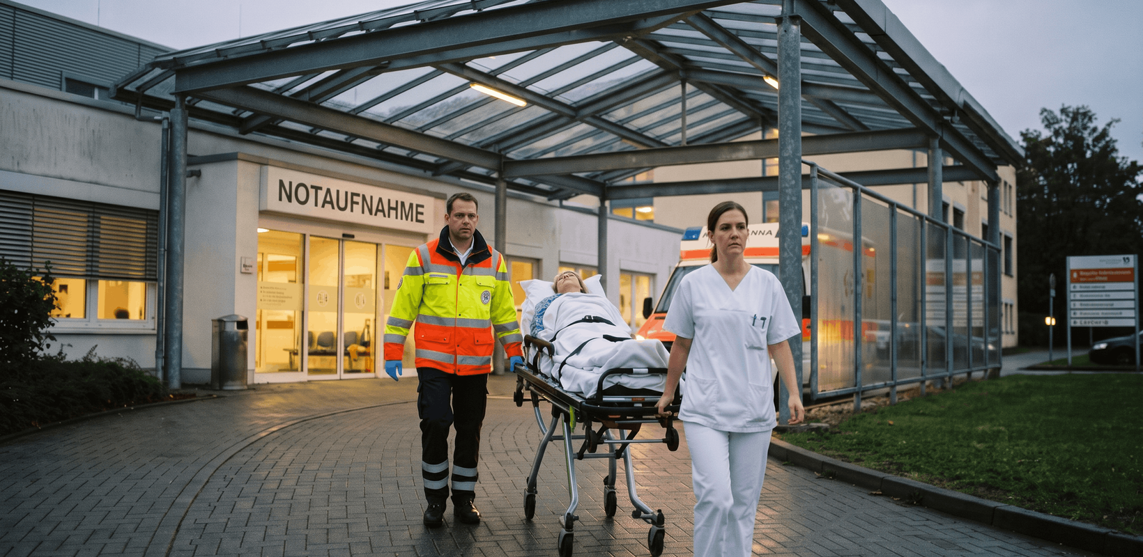 Ein Rettungsdienstmitarbeiter und eine medizinische Fachkraft transportieren einen liegenden Patienten auf einer Fahrtrage vor dem Eingang der Notaufnahme. Im Hintergrund sind der überdachte Eingangsbereich und die Beschilderung der Notaufnahme zu sehen.