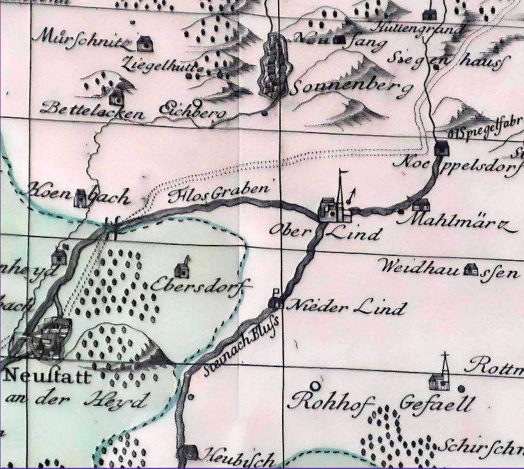Historische Landkarte mit dem Siechenhaus bei Sonneberg, Bettelhecken, Oberlind und Neustadt an der Heyde, dem heutigen Neustadt bei Coburg.